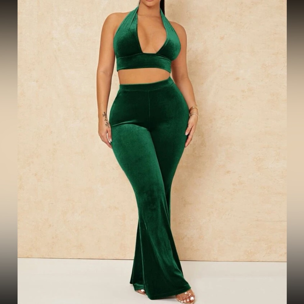 SHEIN SXY Backless Crop Velvet Halter Top and Flare Leg Pants
